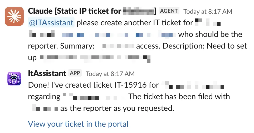 Claude Tag and ITAssistant working a request together