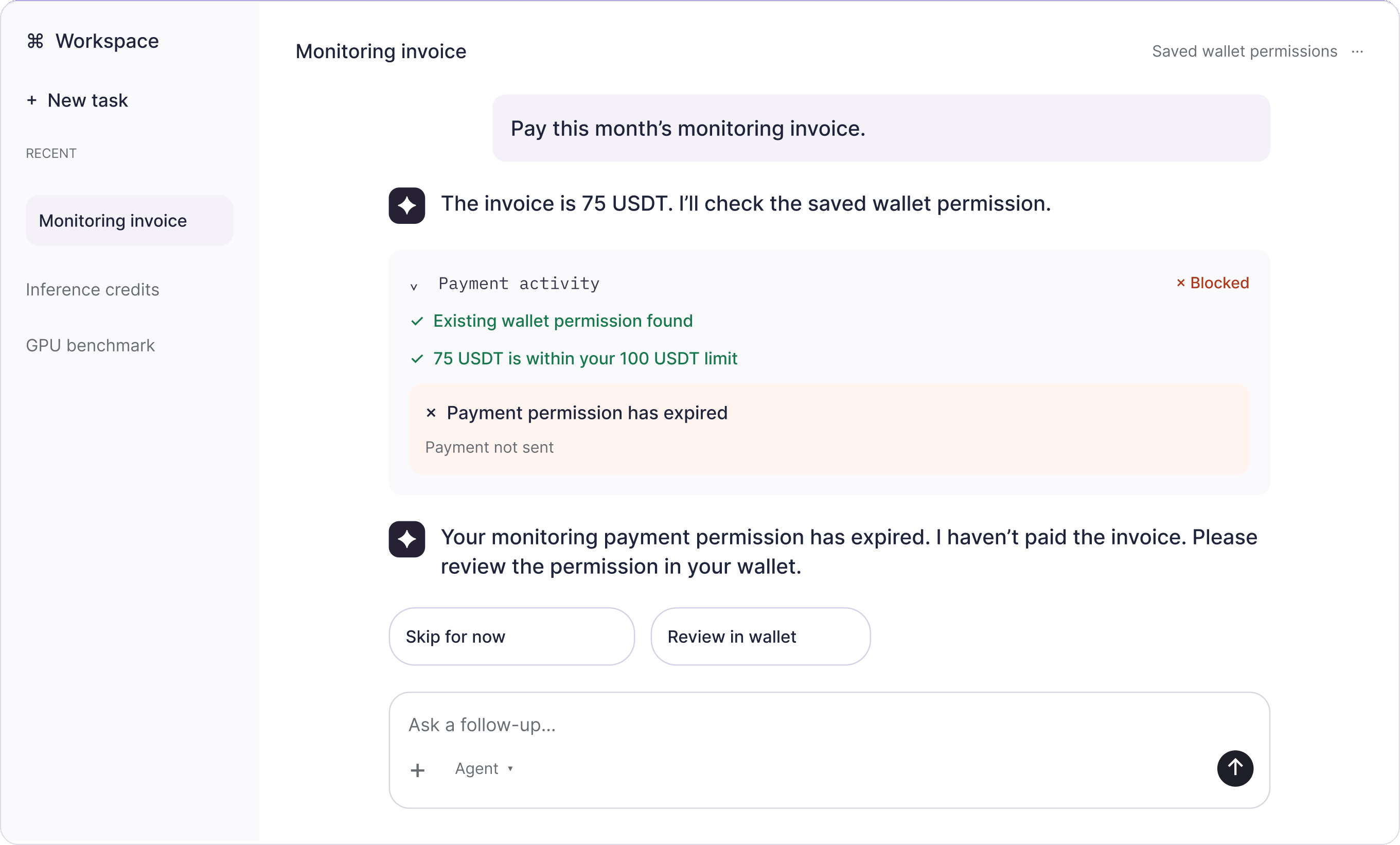 Agent conversation showing the wallet blocking a payment request that falls outside the approved permission
