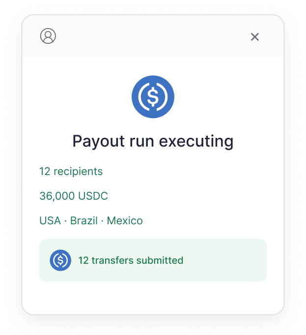 Payout run executing — 12 recipients, 36,000 USDC across USA, Brazil, and Mexico