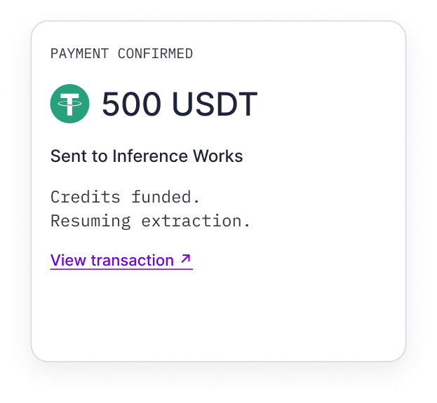 A confirmed 500 USDT payment sent to Inference Works