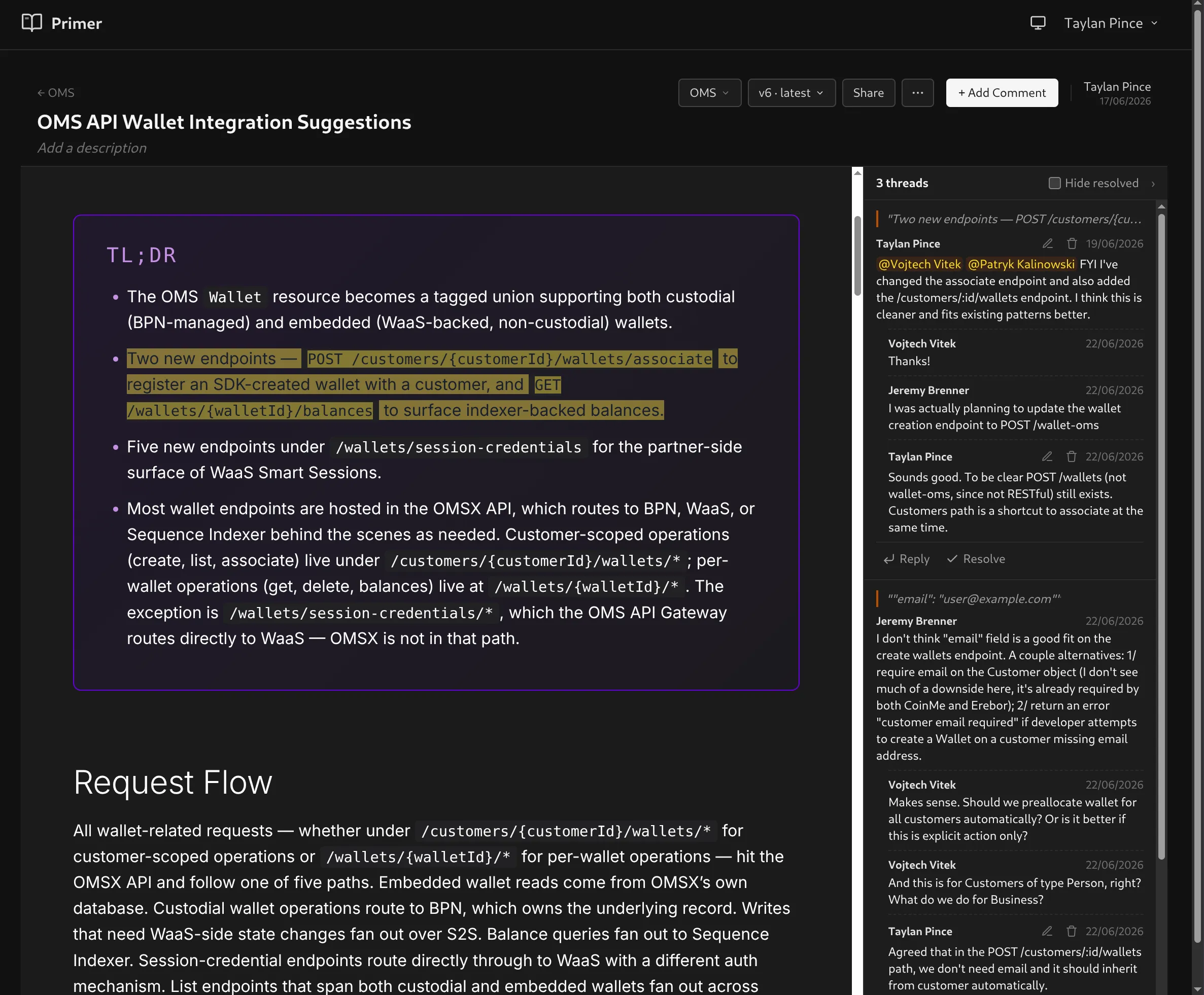 Comment threads anchored to the text they are about. The agent reads these back and publishes the next version.