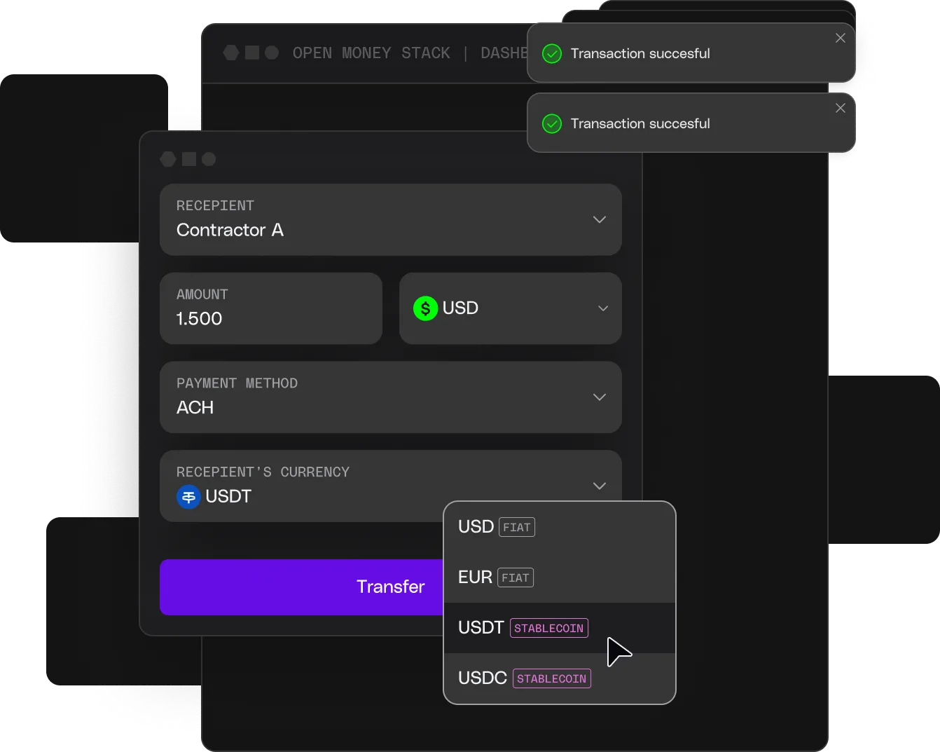 User interface showing a money transfer form with recipient Contractor A, amount 1.500 USD, payment method ACH, and recipient currency USDT stablecoin selected.